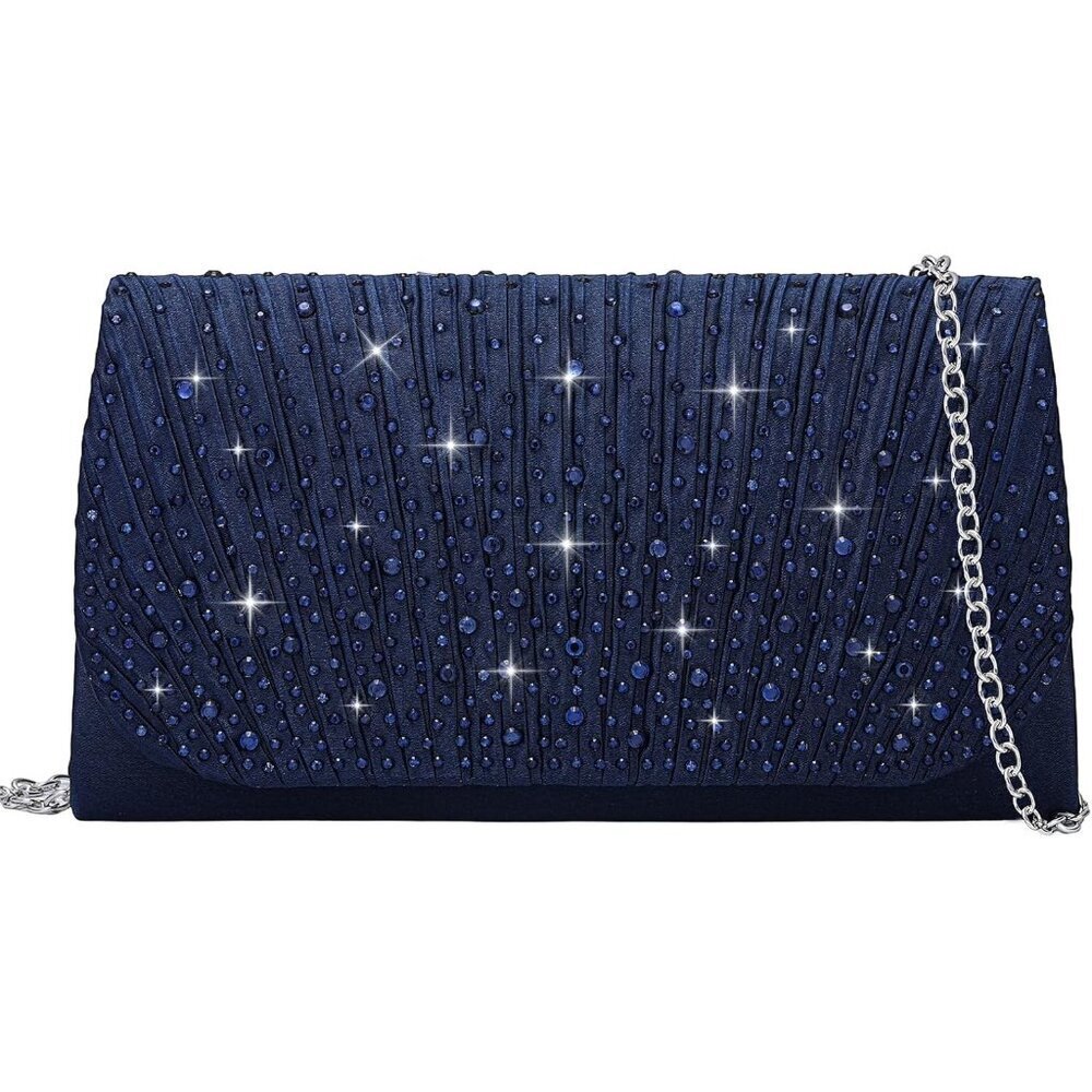 Women Blue Evenlope Imported Magnetic Purse Rhinestone Envelope Party Handbag